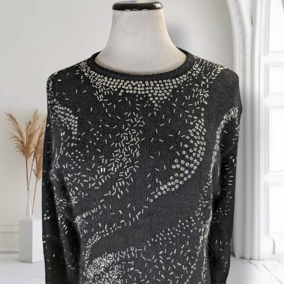 Vintage 90s IB Diffusion Beaded Flames Sweater Size M Black Silk Angora - Picture 1 of 13